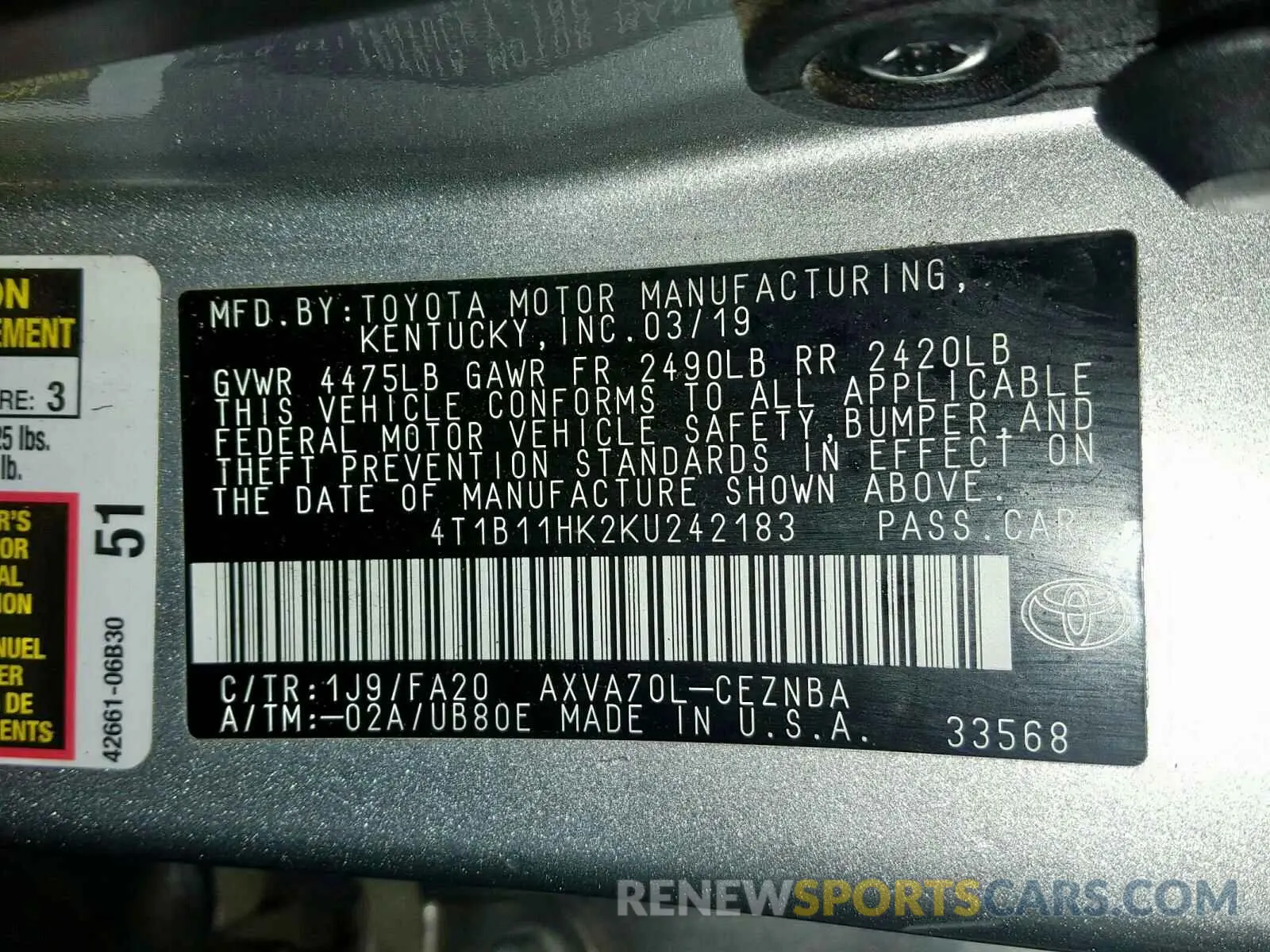 10 Photograph of a damaged car 4T1B11HK2KU242183 TOYOTA CAMRY 2019