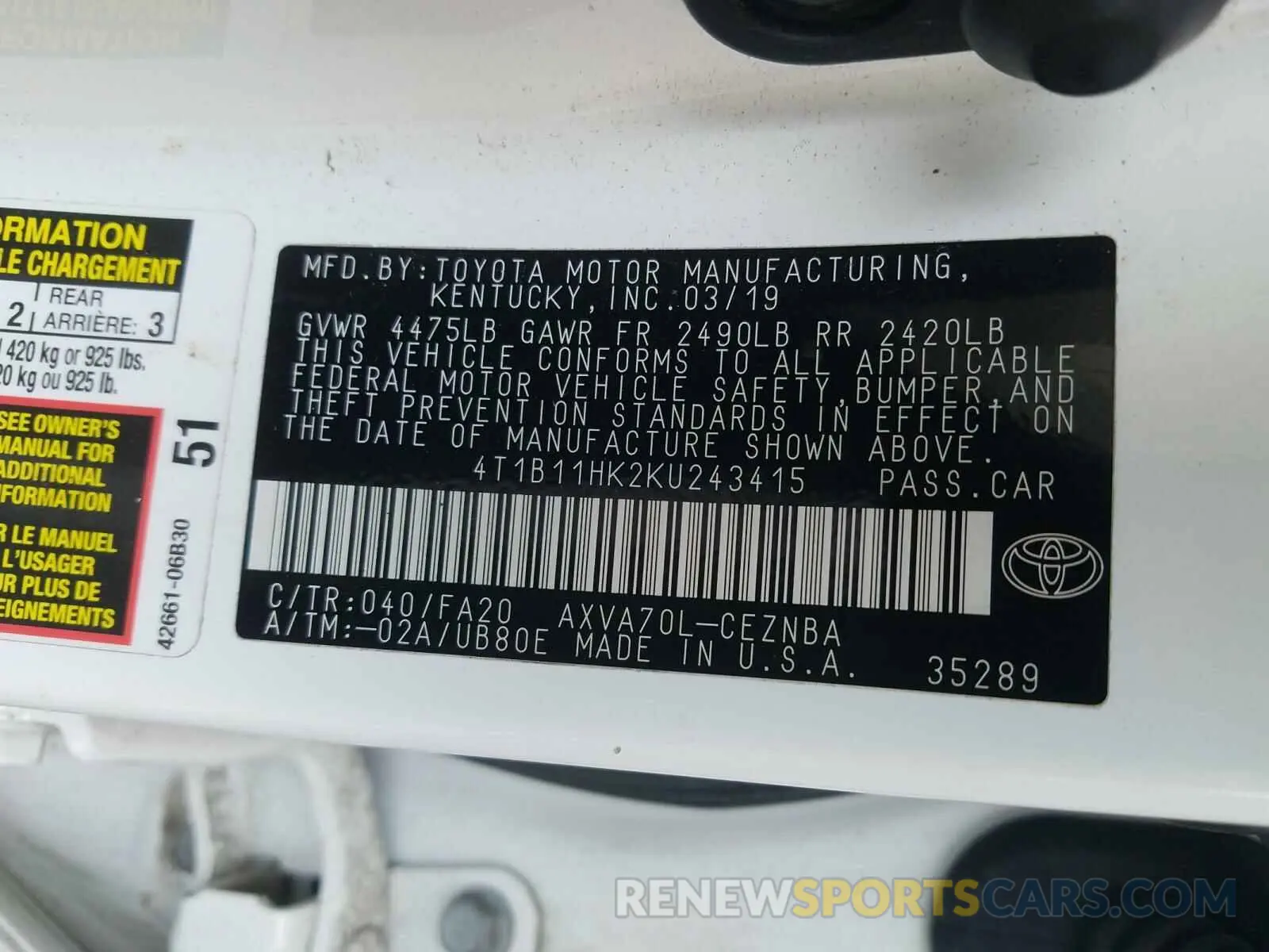 10 Photograph of a damaged car 4T1B11HK2KU243415 TOYOTA CAMRY 2019