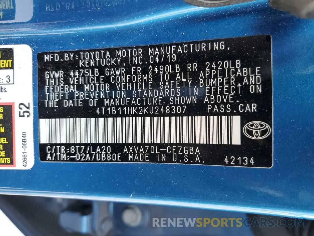 13 Photograph of a damaged car 4T1B11HK2KU248307 TOYOTA CAMRY 2019