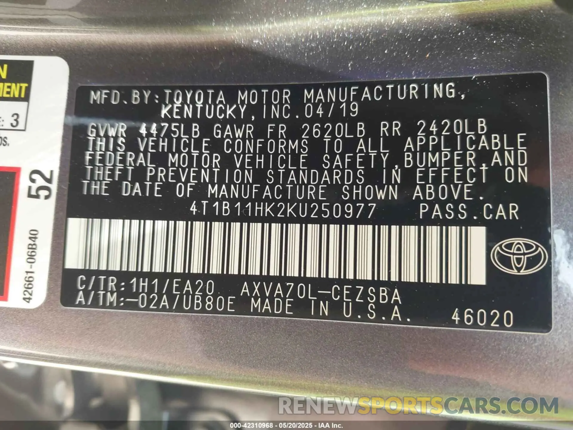 9 Фотография поврежденного автомобиля 4T1B11HK2KU250977 TOYOTA CAMRY 2019