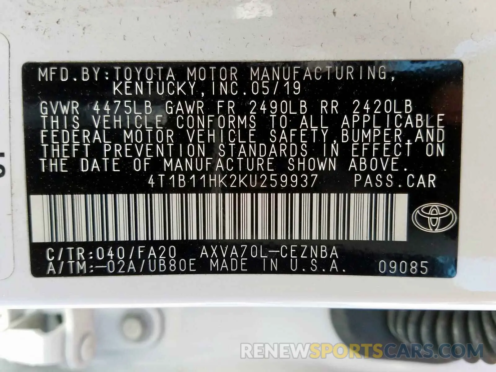 10 Photograph of a damaged car 4T1B11HK2KU259937 TOYOTA CAMRY 2019