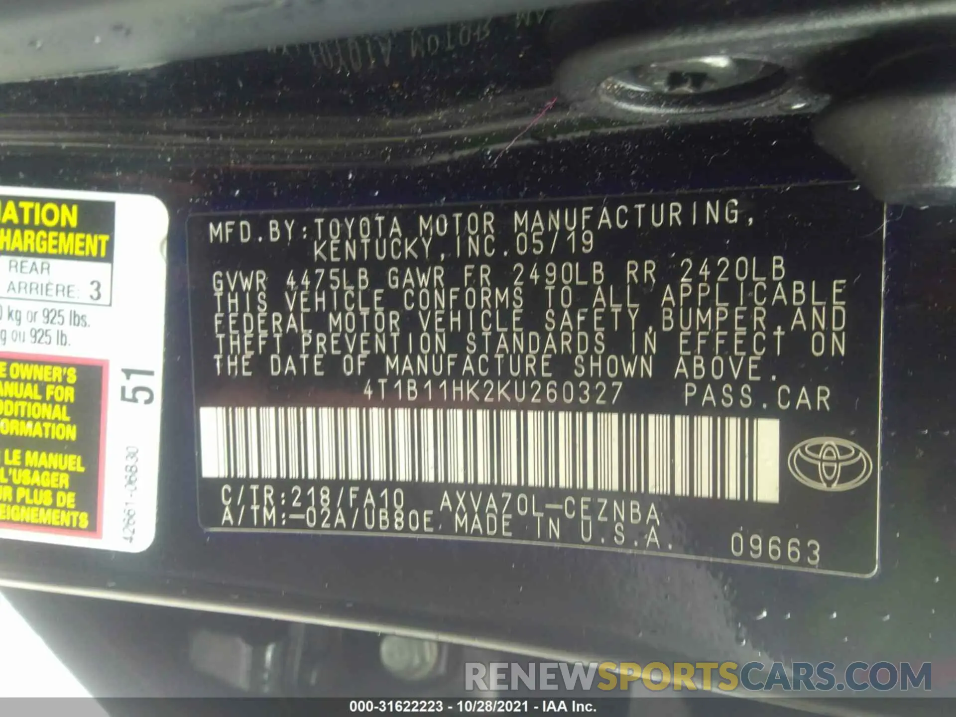 9 Photograph of a damaged car 4T1B11HK2KU260327 TOYOTA CAMRY 2019