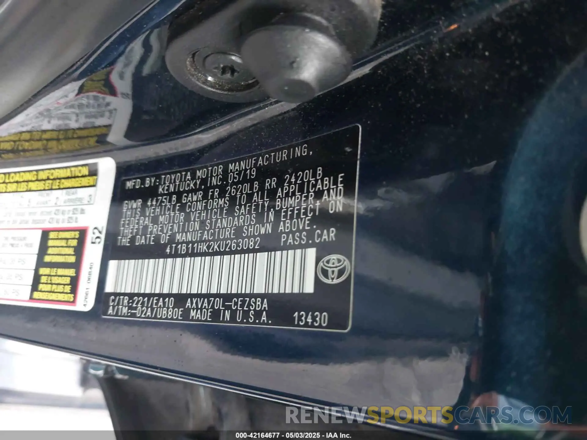 9 Фотография поврежденного автомобиля 4T1B11HK2KU263082 TOYOTA CAMRY 2019