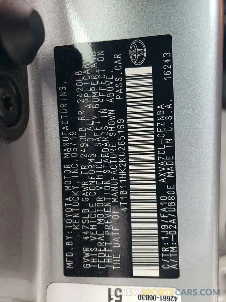12 Фотография поврежденного автомобиля 4T1B11HK2KU265169 TOYOTA CAMRY 2019