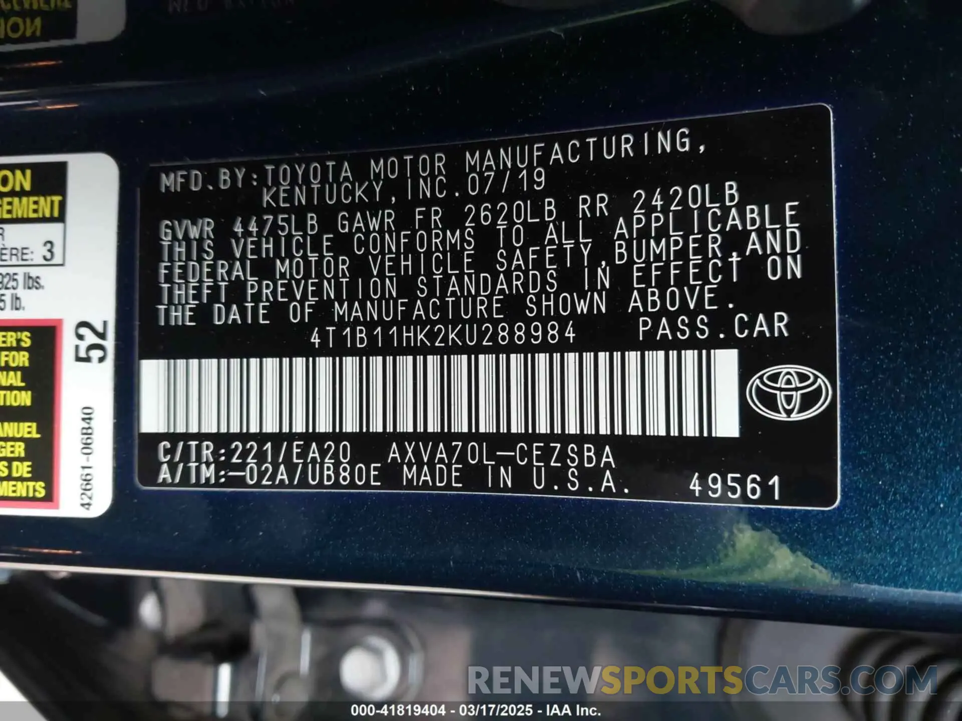 9 Photograph of a damaged car 4T1B11HK2KU288984 TOYOTA CAMRY 2019