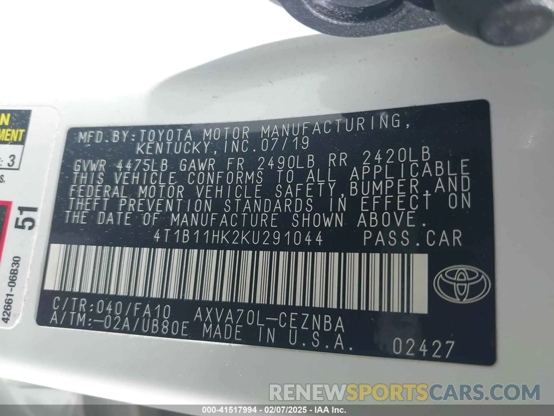 9 Фотография поврежденного автомобиля 4T1B11HK2KU291044 TOYOTA CAMRY 2019