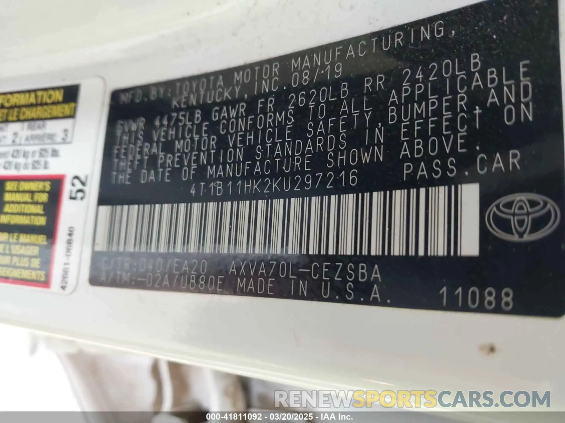 9 Фотография поврежденного автомобиля 4T1B11HK2KU297216 TOYOTA CAMRY 2019