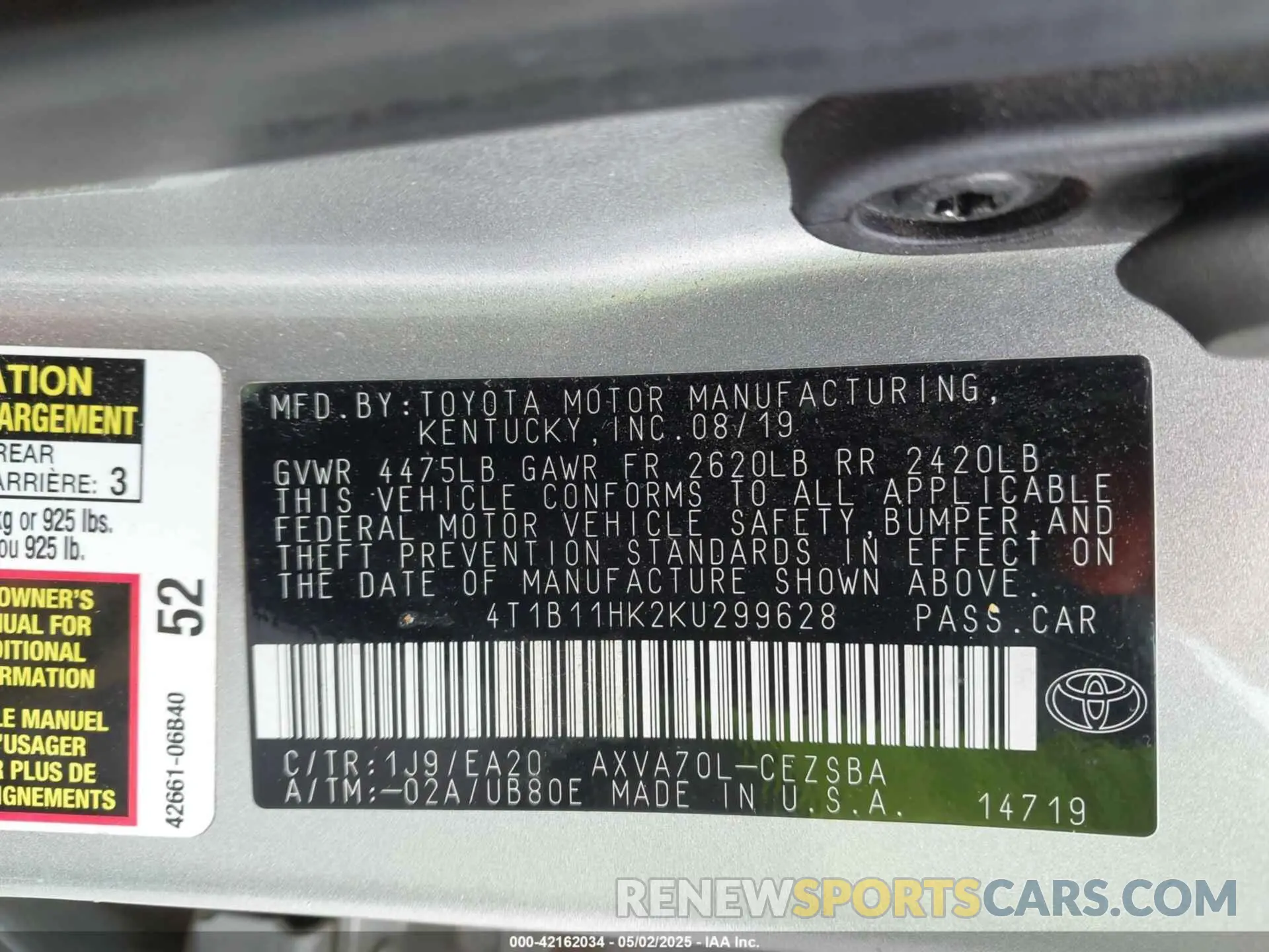 9 Photograph of a damaged car 4T1B11HK2KU299628 TOYOTA CAMRY 2019