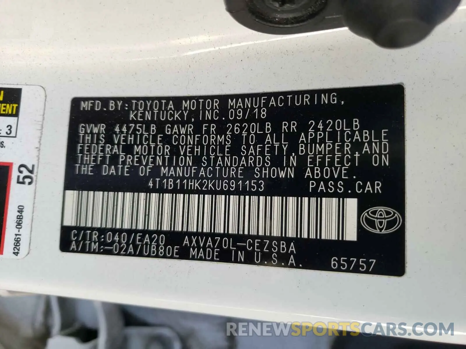 10 Photograph of a damaged car 4T1B11HK2KU691153 TOYOTA CAMRY 2019