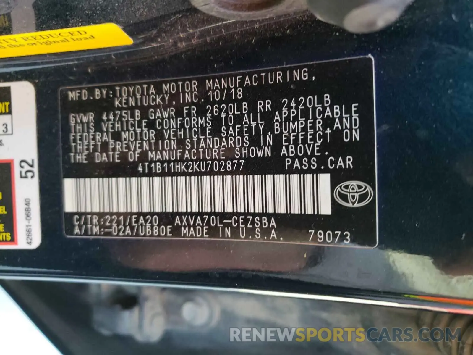 10 Photograph of a damaged car 4T1B11HK2KU702877 TOYOTA CAMRY 2019