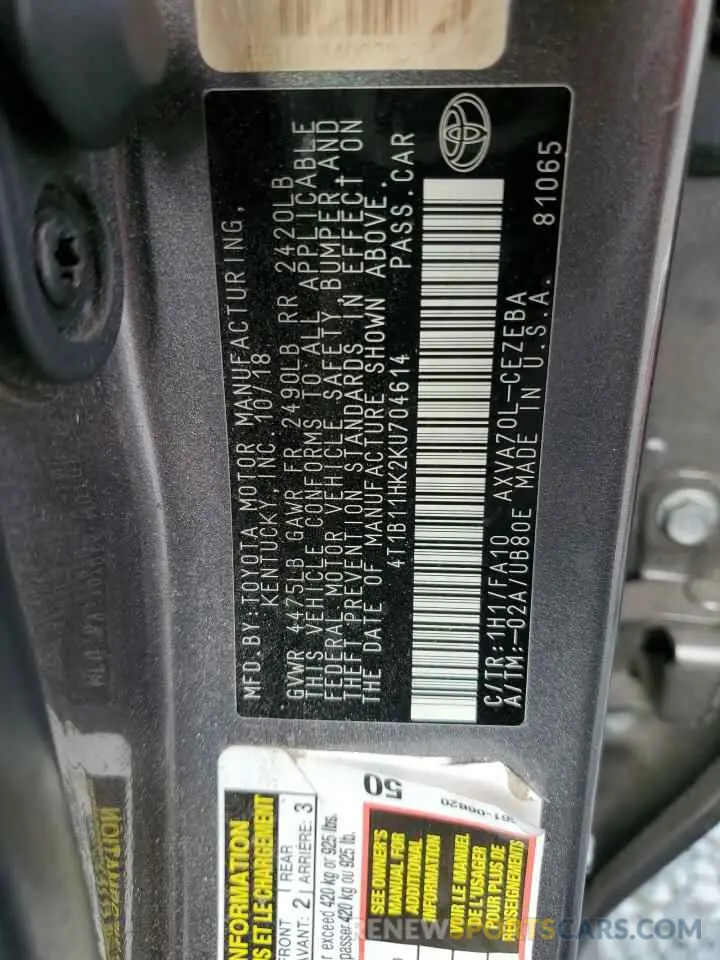 12 Photograph of a damaged car 4T1B11HK2KU704614 TOYOTA CAMRY 2019