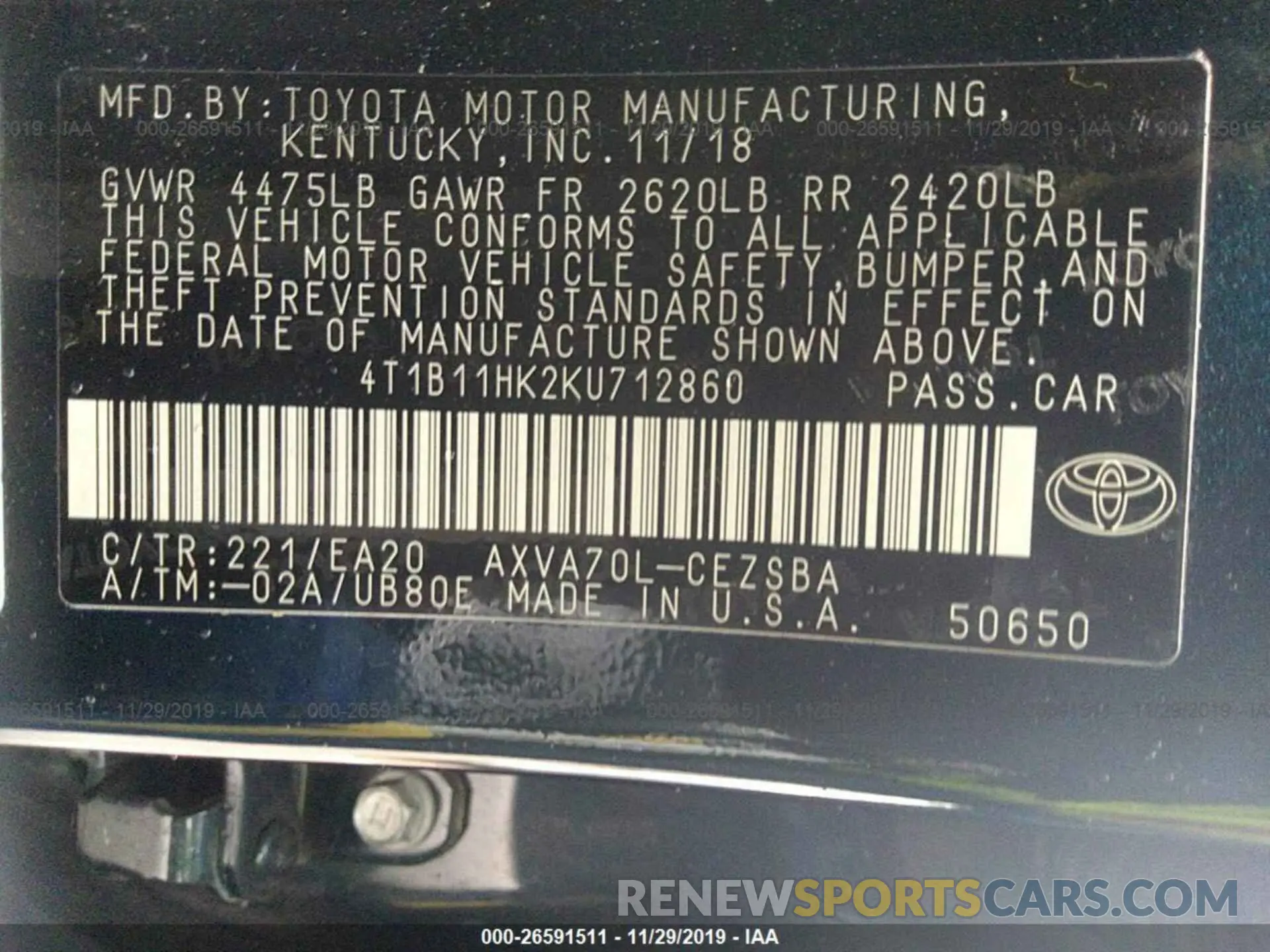 9 Photograph of a damaged car 4T1B11HK2KU712860 TOYOTA CAMRY 2019