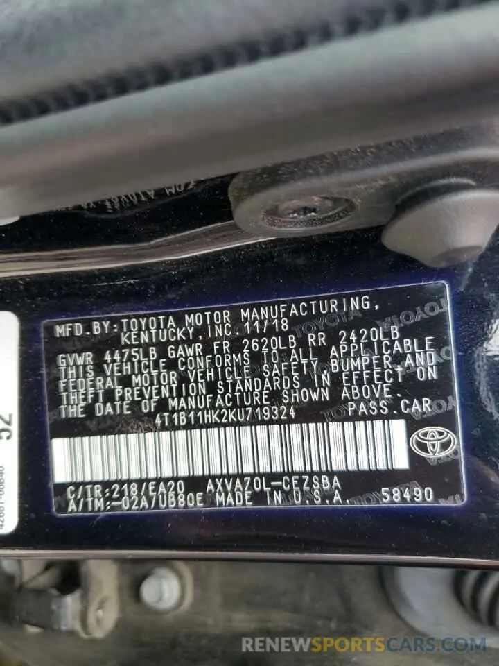 13 Photograph of a damaged car 4T1B11HK2KU719324 TOYOTA CAMRY 2019