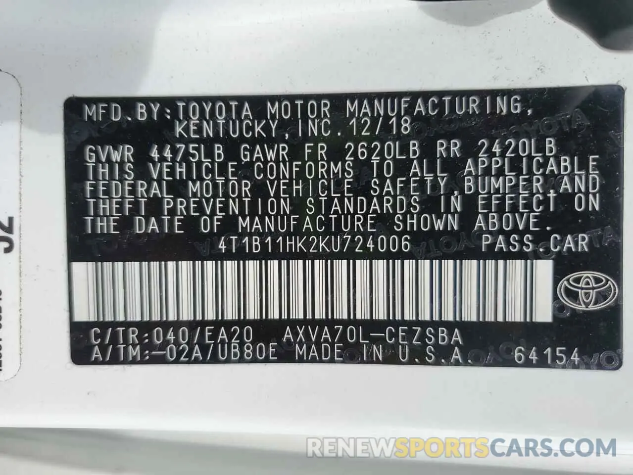 12 Фотография поврежденного автомобиля 4T1B11HK2KU724006 TOYOTA CAMRY 2019