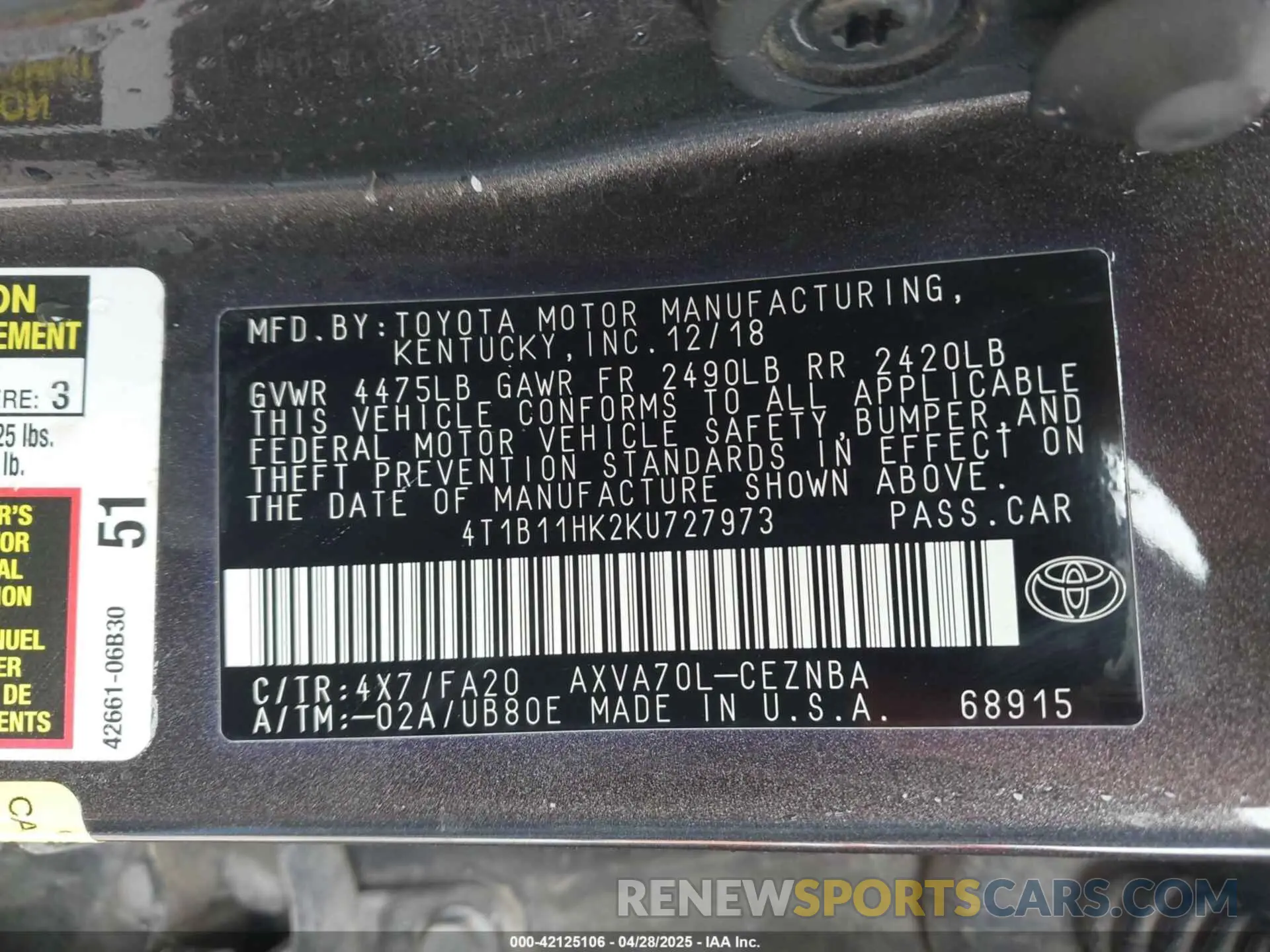 9 Photograph of a damaged car 4T1B11HK2KU727973 TOYOTA CAMRY 2019