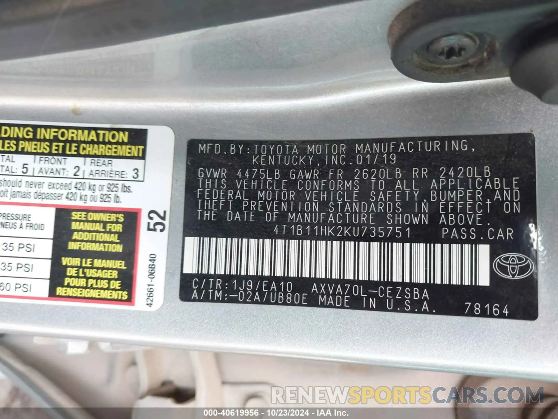 9 Фотография поврежденного автомобиля 4T1B11HK2KU735751 TOYOTA CAMRY 2019