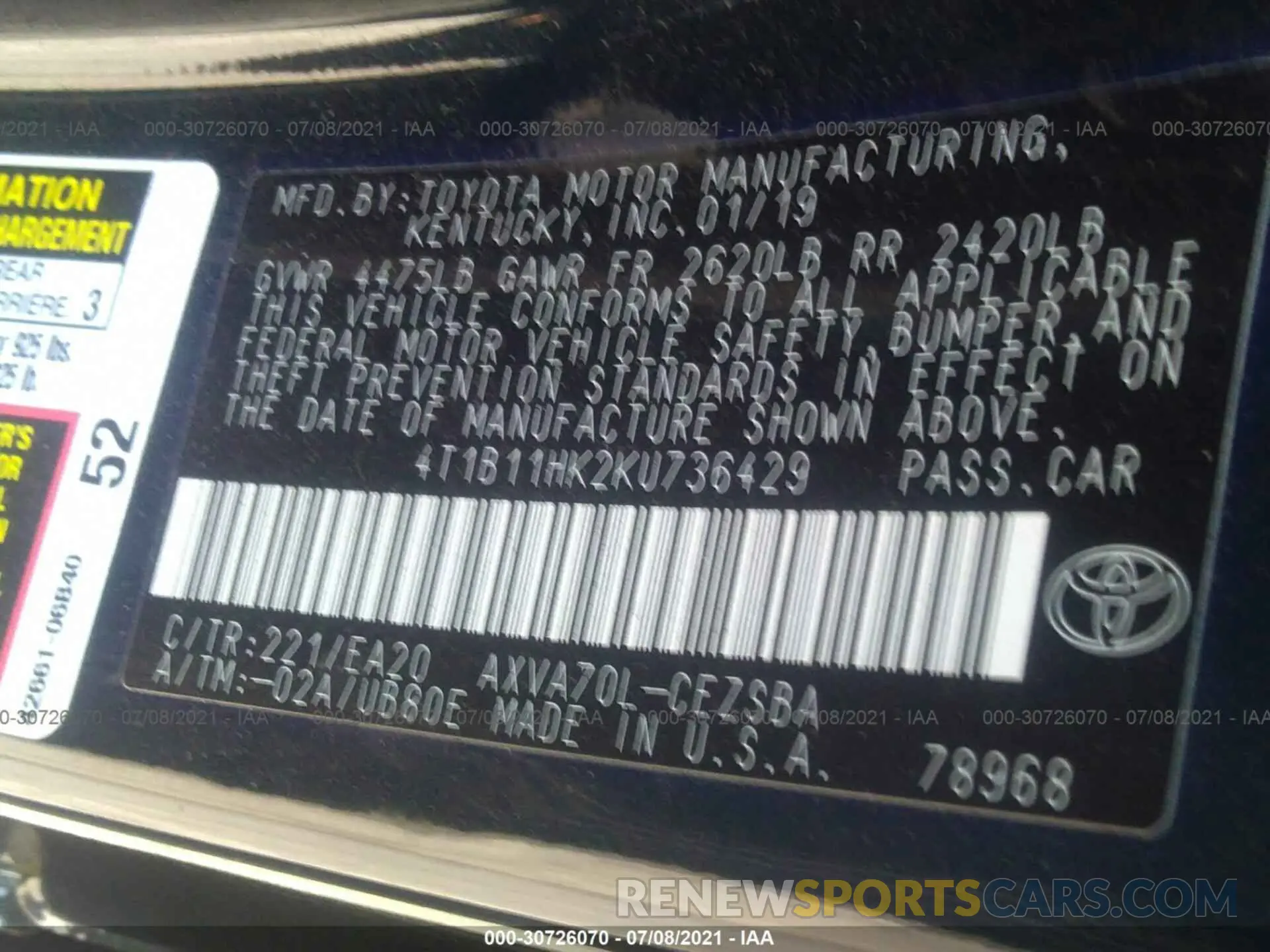 9 Photograph of a damaged car 4T1B11HK2KU736429 TOYOTA CAMRY 2019