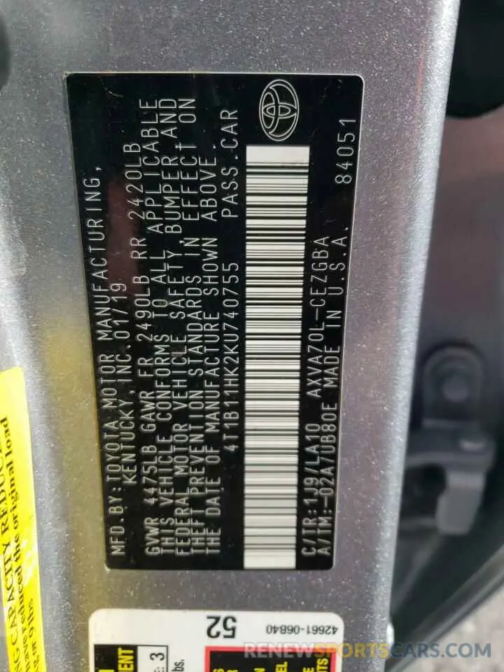 13 Photograph of a damaged car 4T1B11HK2KU740755 TOYOTA CAMRY 2019