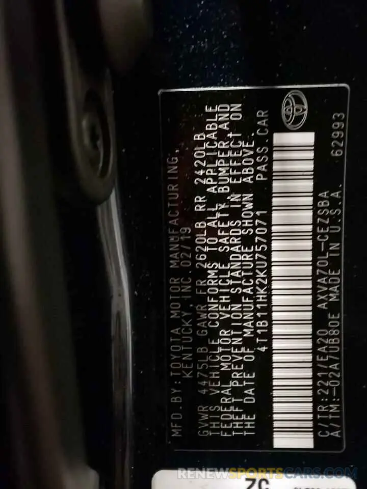 12 Photograph of a damaged car 4T1B11HK2KU757071 TOYOTA CAMRY 2019