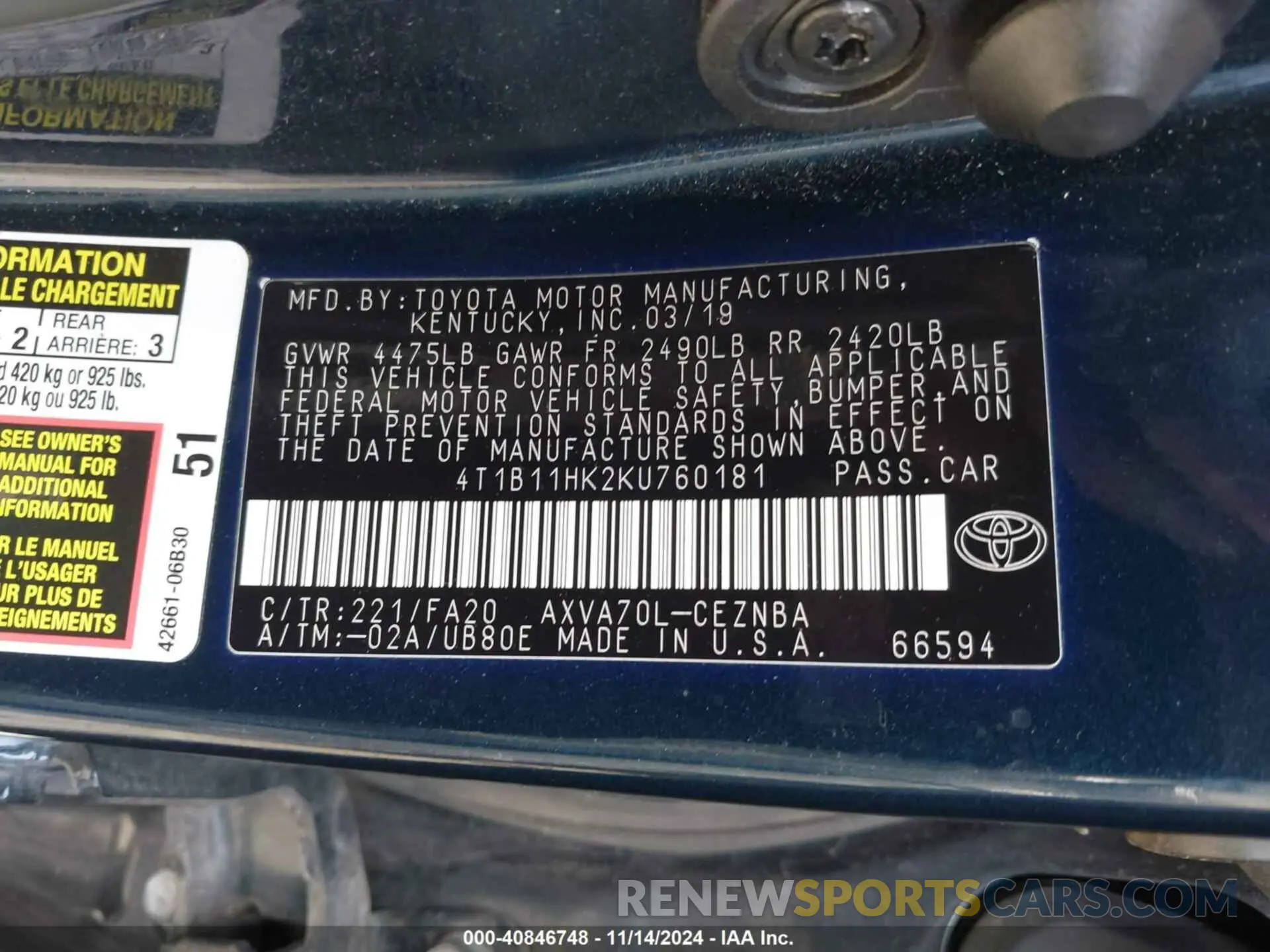 9 Photograph of a damaged car 4T1B11HK2KU760181 TOYOTA CAMRY 2019