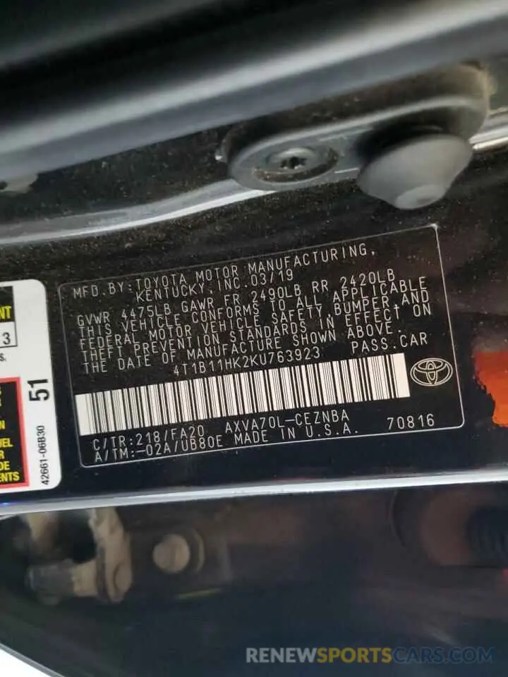 12 Фотография поврежденного автомобиля 4T1B11HK2KU763923 TOYOTA CAMRY 2019
