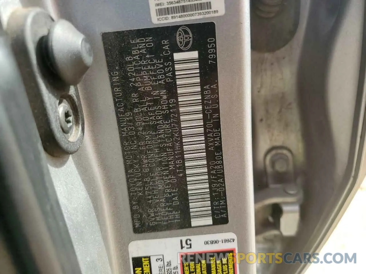 13 Photograph of a damaged car 4T1B11HK2KU772119 TOYOTA CAMRY 2019