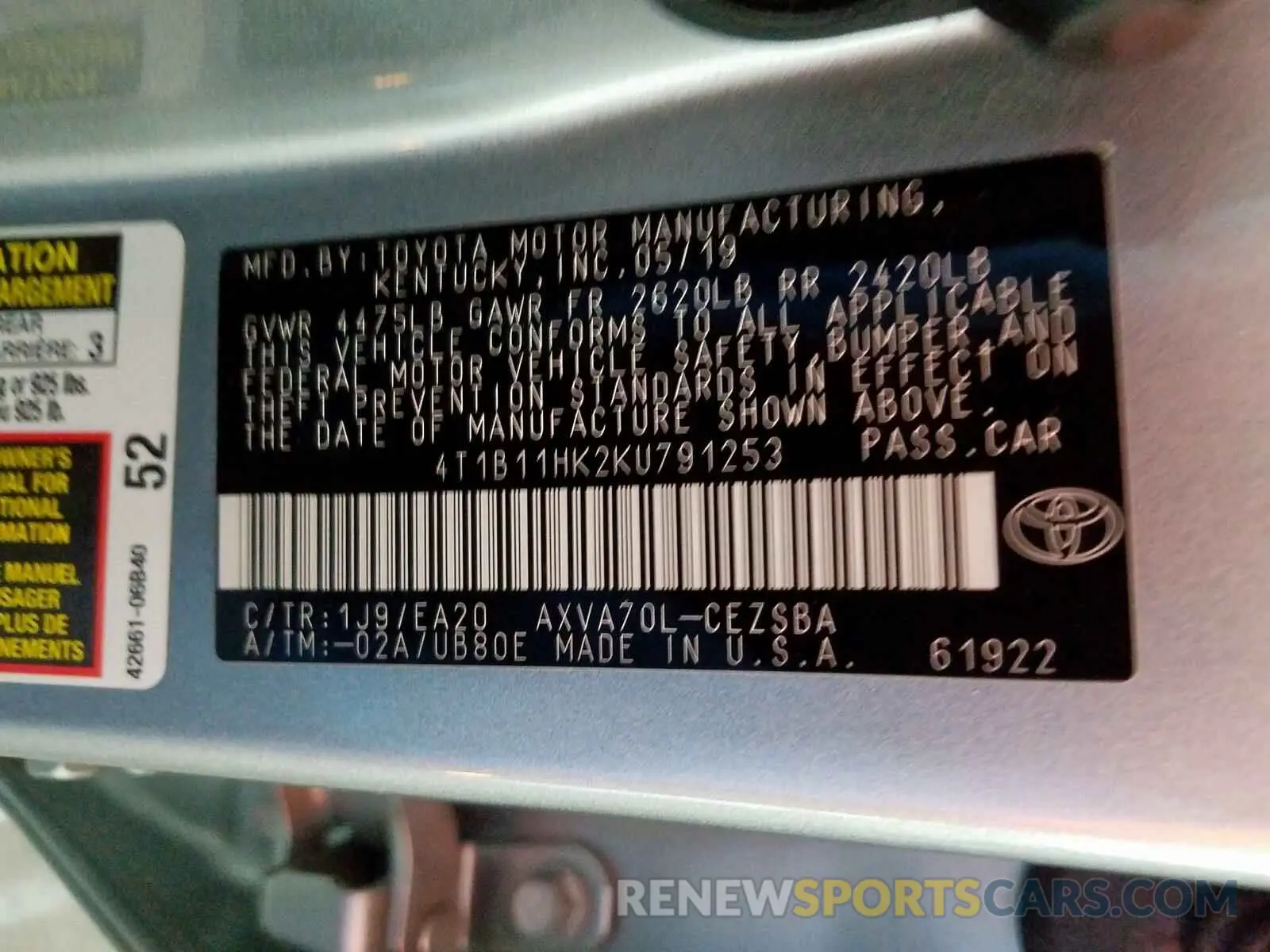 10 Photograph of a damaged car 4T1B11HK2KU791253 TOYOTA CAMRY 2019