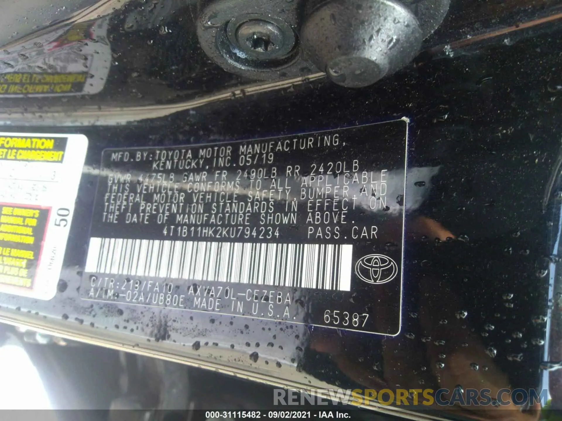 9 Фотография поврежденного автомобиля 4T1B11HK2KU794234 TOYOTA CAMRY 2019