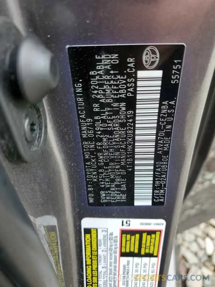 12 Фотография поврежденного автомобиля 4T1B11HK2KU822419 TOYOTA CAMRY 2019