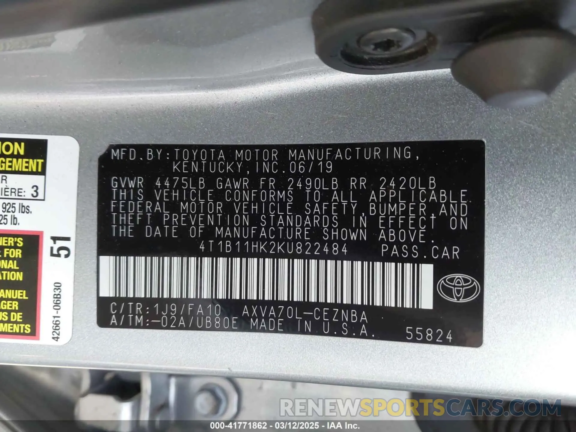 9 Photograph of a damaged car 4T1B11HK2KU822484 TOYOTA CAMRY 2019