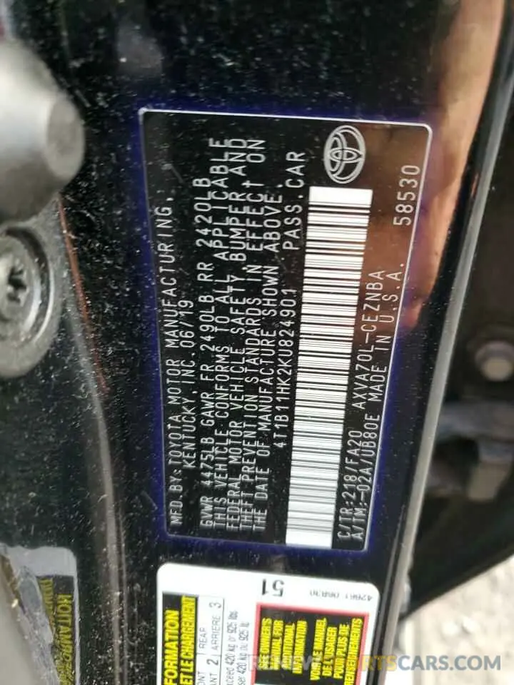 12 Photograph of a damaged car 4T1B11HK2KU824901 TOYOTA CAMRY 2019