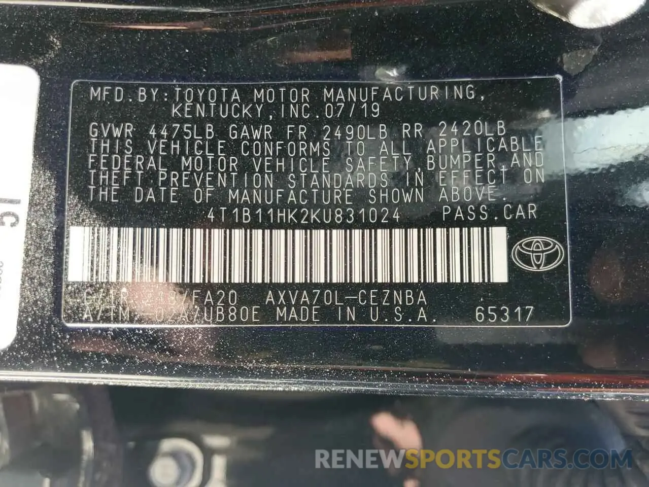 12 Photograph of a damaged car 4T1B11HK2KU831024 TOYOTA CAMRY 2019