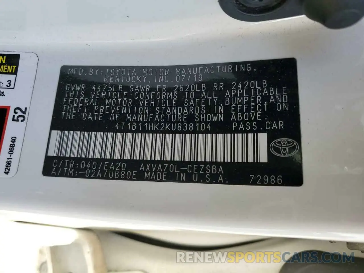 12 Photograph of a damaged car 4T1B11HK2KU838104 TOYOTA CAMRY 2019