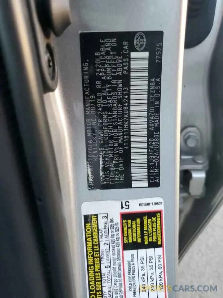13 Photograph of a damaged car 4T1B11HK2KU842413 TOYOTA CAMRY 2019