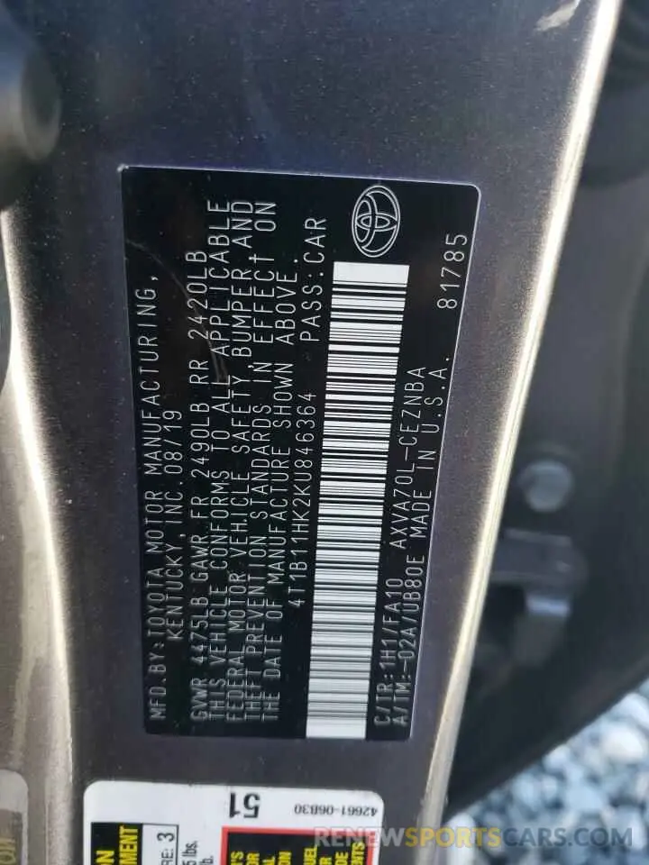 12 Фотография поврежденного автомобиля 4T1B11HK2KU846364 TOYOTA CAMRY 2019