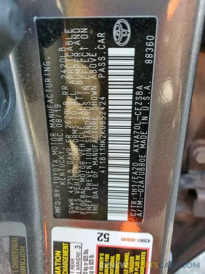 13 Photograph of a damaged car 4T1B11HK2KU852424 TOYOTA CAMRY 2019