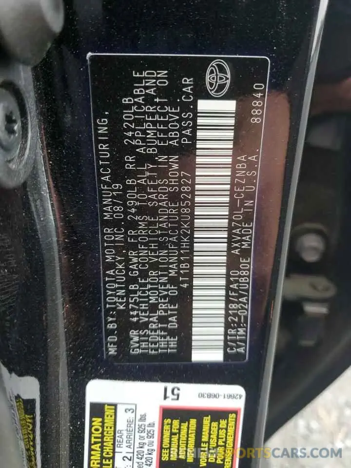 13 Фотография поврежденного автомобиля 4T1B11HK2KU852827 TOYOTA CAMRY 2019