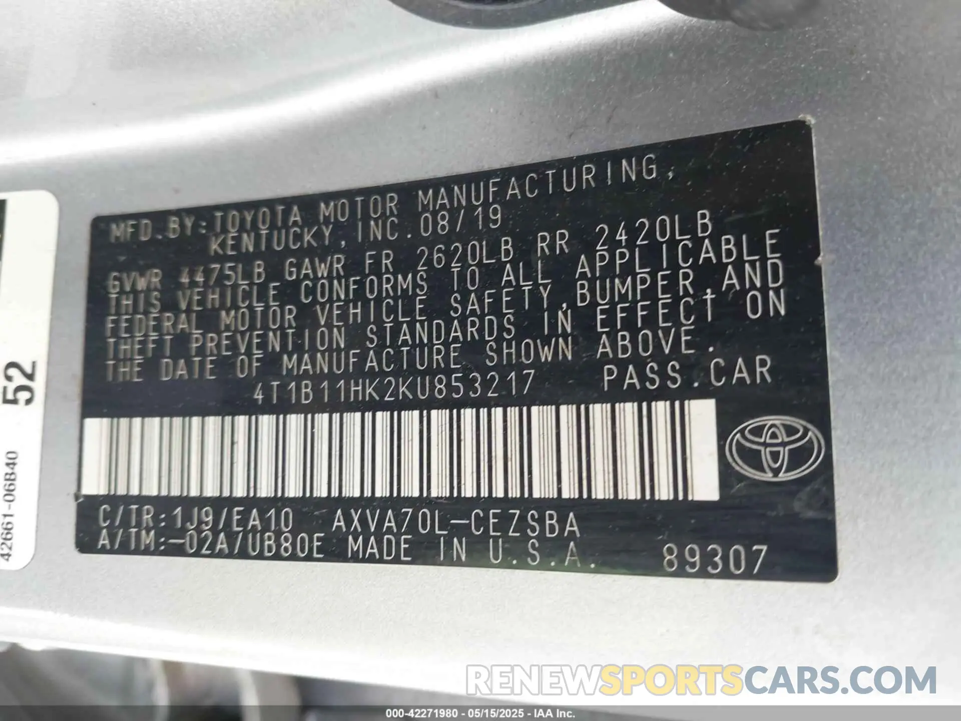 9 Фотография поврежденного автомобиля 4T1B11HK2KU853217 TOYOTA CAMRY 2019