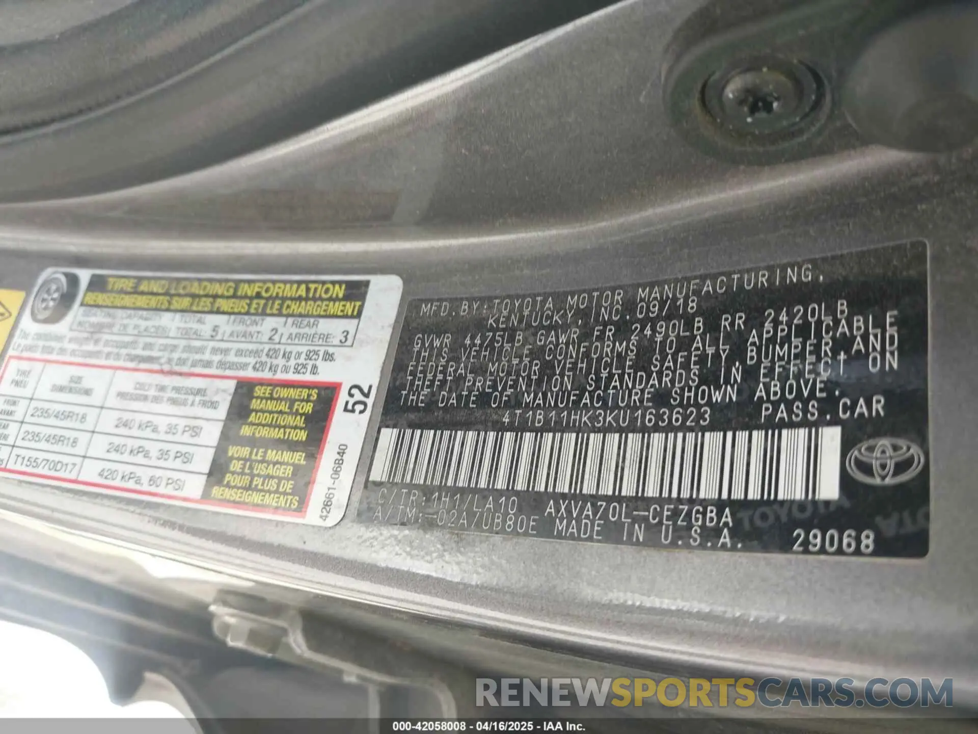 9 Photograph of a damaged car 4T1B11HK3KU163623 TOYOTA CAMRY 2019