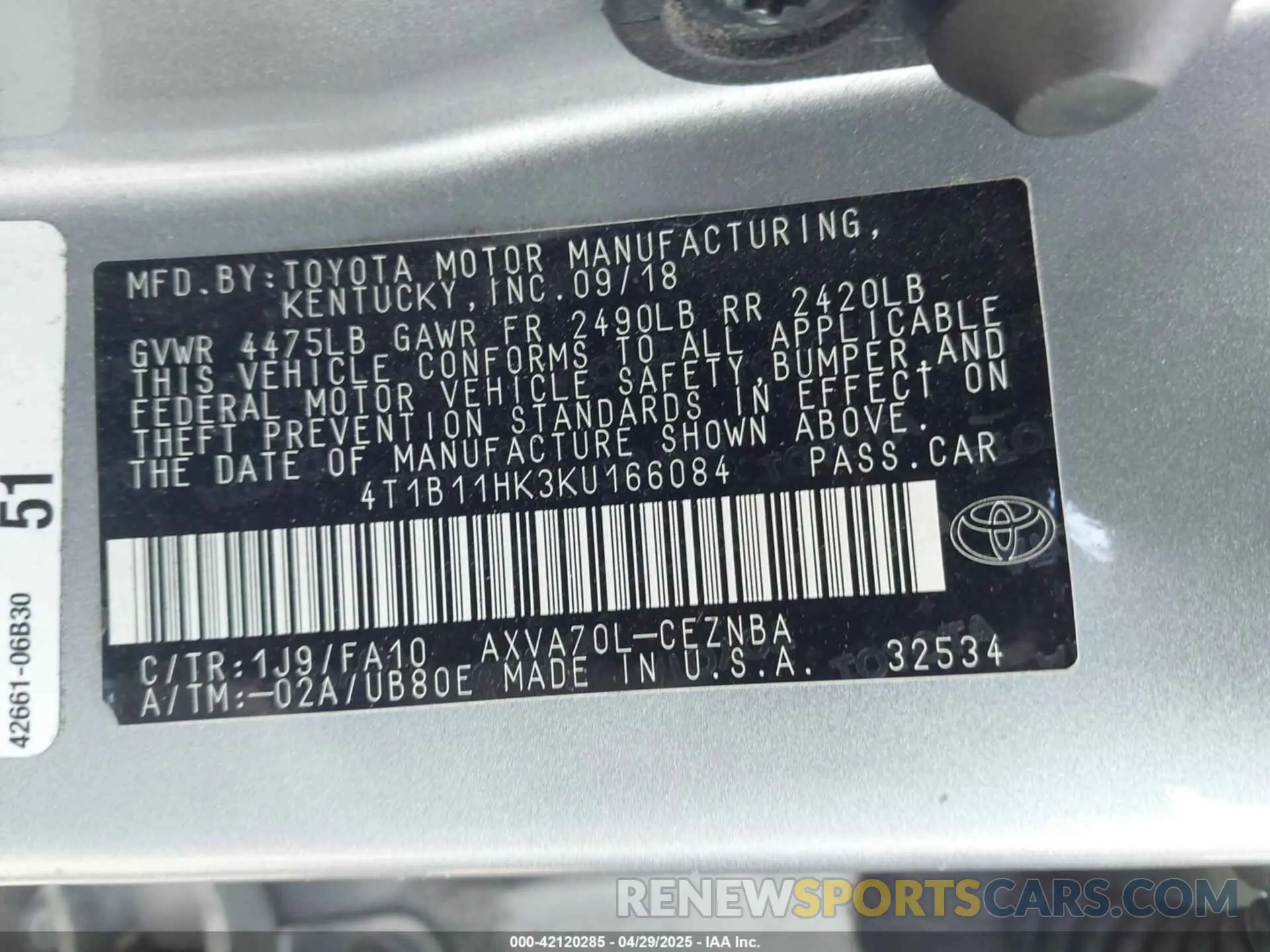 9 Photograph of a damaged car 4T1B11HK3KU166084 TOYOTA CAMRY 2019