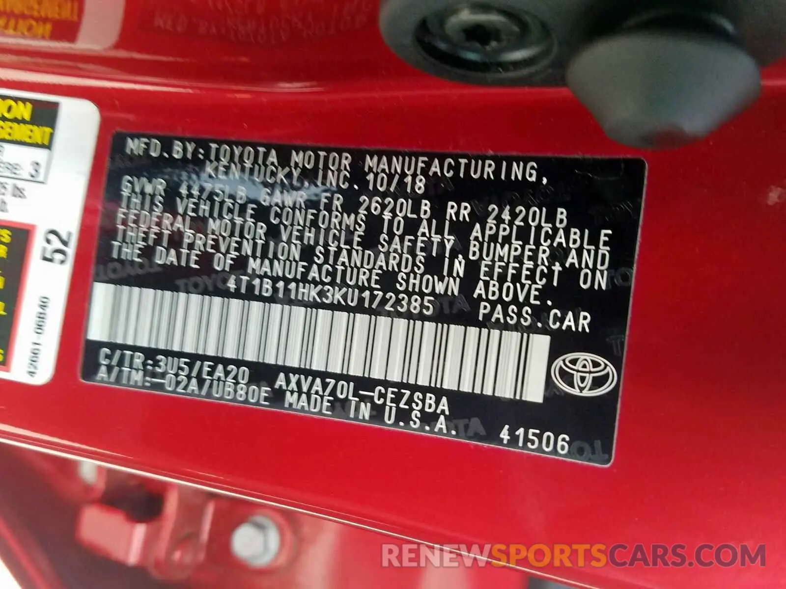10 Photograph of a damaged car 4T1B11HK3KU172385 TOYOTA CAMRY 2019