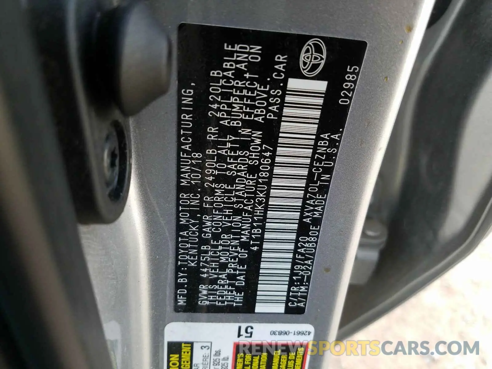 10 Photograph of a damaged car 4T1B11HK3KU180647 TOYOTA CAMRY 2019