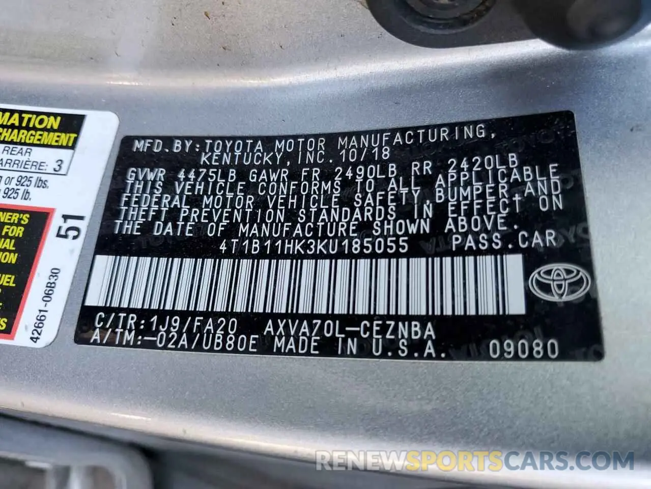 12 Photograph of a damaged car 4T1B11HK3KU185055 TOYOTA CAMRY 2019