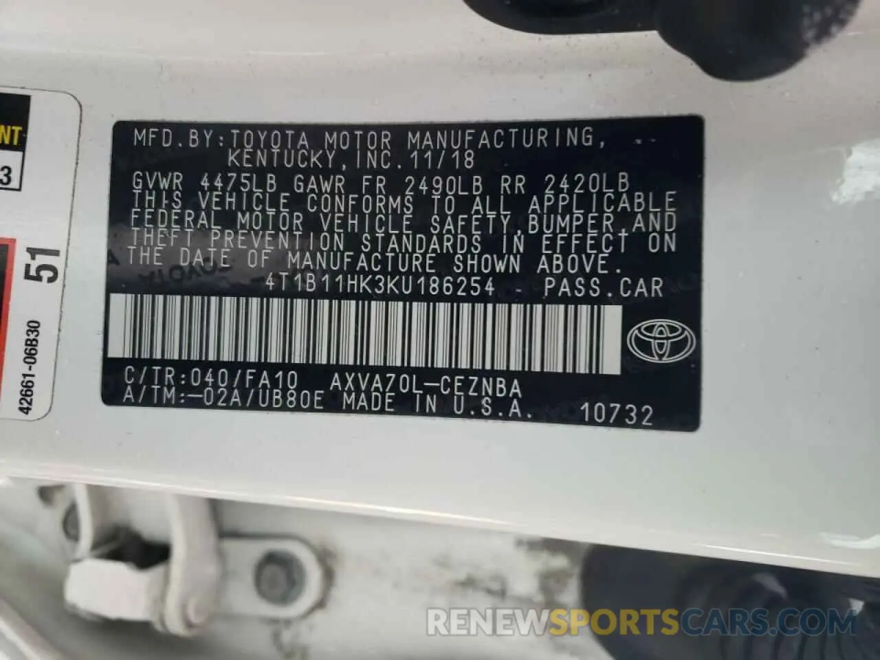 10 Photograph of a damaged car 4T1B11HK3KU186254 TOYOTA CAMRY 2019