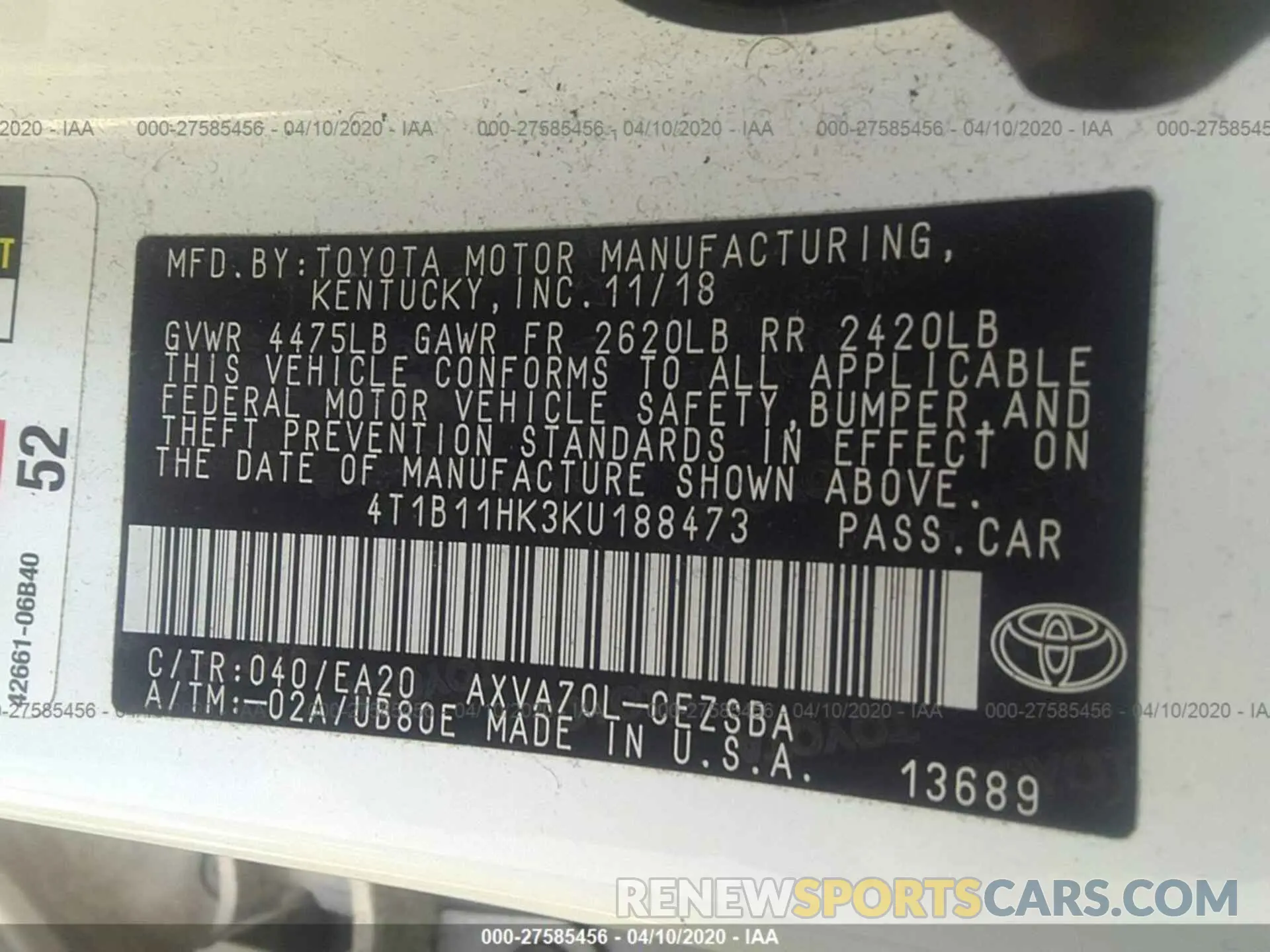 9 Photograph of a damaged car 4T1B11HK3KU188473 TOYOTA CAMRY 2019