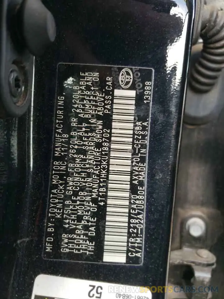 12 Фотография поврежденного автомобиля 4T1B11HK3KU188702 TOYOTA CAMRY 2019