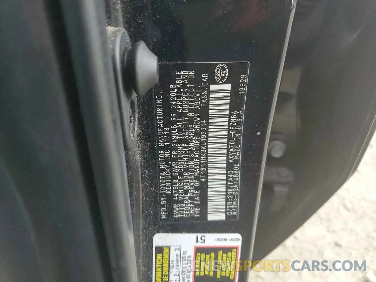 12 Photograph of a damaged car 4T1B11HK3KU192314 TOYOTA CAMRY 2019