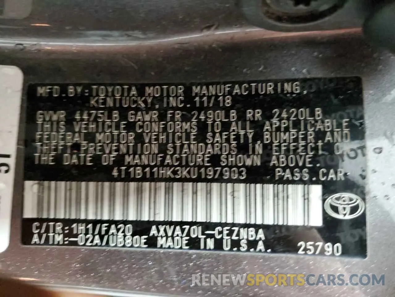12 Photograph of a damaged car 4T1B11HK3KU197903 TOYOTA CAMRY 2019