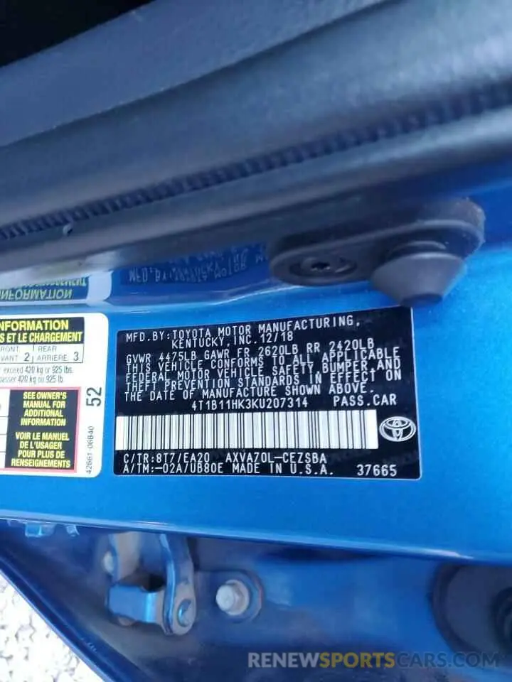 12 Фотография поврежденного автомобиля 4T1B11HK3KU207314 TOYOTA CAMRY 2019