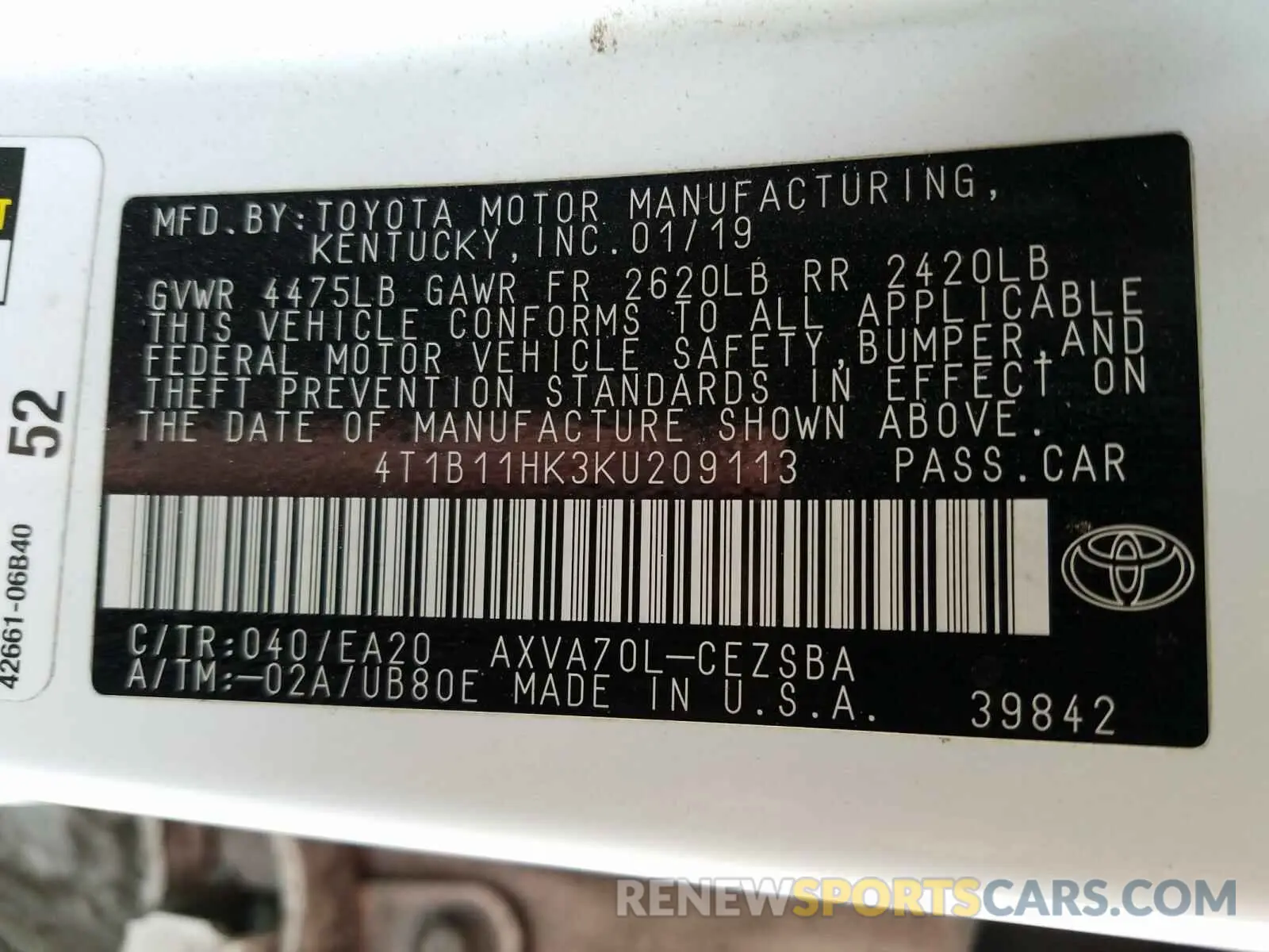 10 Photograph of a damaged car 4T1B11HK3KU209113 TOYOTA CAMRY 2019